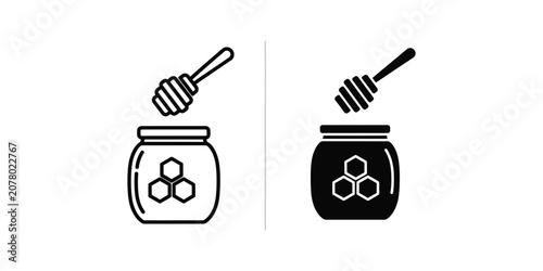Schilderij op canvas Honey jar and dipper icon set in outline and solid black style for food and orga
