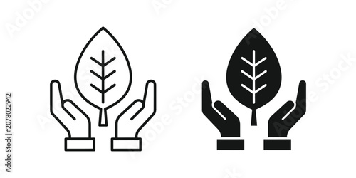 Eco friendly sustainability icon set featuring hands holding a leaf symbol for environmental protection and nature conservation concepts