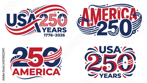 Usa 250 years typographic emblem set with patriotic stars and waves vector illustration for fourth july