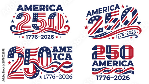 Usa 250th anniversary typography set with patriotic flag patterned numbers and stars vector illustration