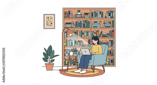 Flat illustration of person sitting at desk hesitating before decision, hand on chin, laptop open but idle, sticky notes blank on desk, remote worker, freelance, work from home, work from anywere,