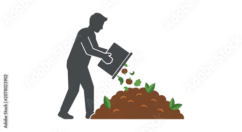 Flat vector silhouette of male farmer pouring organic kitchen food wastes from container onto dark brown soil compost heap isolated on white. Style: Clean Vector Graphic.