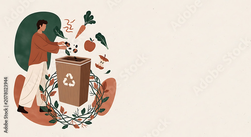 Eco conscious man throwing organic vegetable wastes and apple cores into wooden recycling bin surrounded by plants with copy space on beige texture. Style: Modern Flat Illustration.