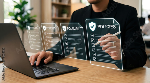 Businessman reviewing company policies data protection compliance and security checklist