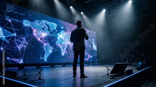 Business man presenting global network connection data on large screen stage in dark conference hall