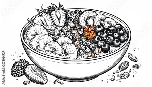 Fruit smoothie bowl with berries and nuts line art