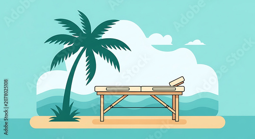 Flat illustration of wooden massage table standing on sandy beach next to tropical palm tree against sea waves and big white clouds background. Style: Minimalist Vector Art.