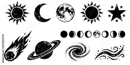 Grunge celestial objects and space elements set on white