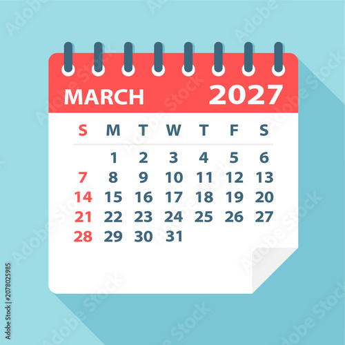 March 2027 Calendar Leaf - Illustration. Vector graphic page
