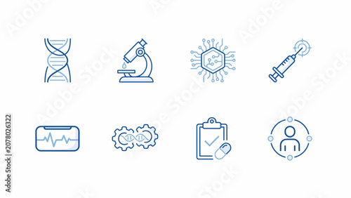Medical science icons set blue line healthcare symbols dna microscope syringe