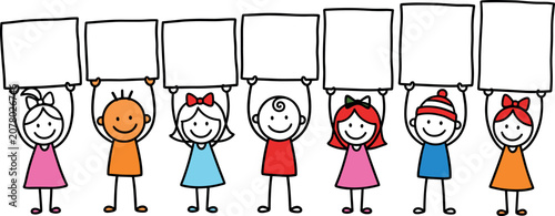 Принти на полотні Cute Stick Figure Children Group Holding Up Individual Blank Empty White Message