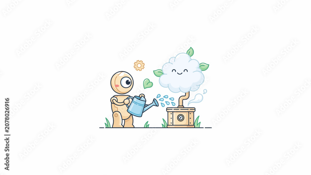 Naklejka premium Robot watering plant from watering can green leaves smiling cloud sun cartoon