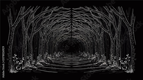 Black and white forest tunnel illustration trees drawing monochrome landscape