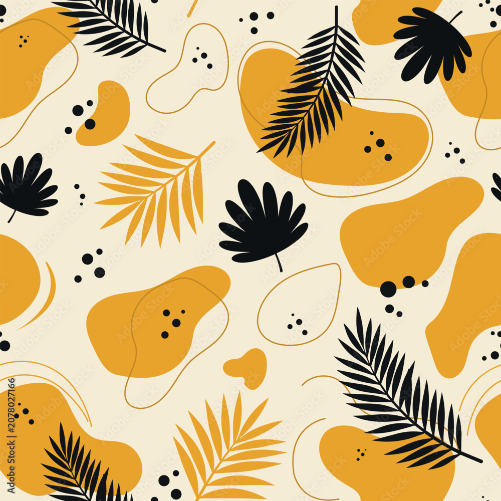 Naklejka premium Tropical seamless vector pattern with abstract shapes and palm leaves