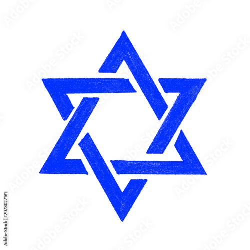 Hand-Drawn Blue Star of David with Crayon Texture Isolated on White Background
