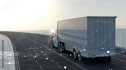 Obraz na płótnie Rear view of white semi truck on highway road with glowing plexus network graphics, smart logistics and fleet management