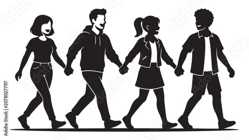 Tableau sur toile Four people holding hands walking together in casual attire transparent backgrou
