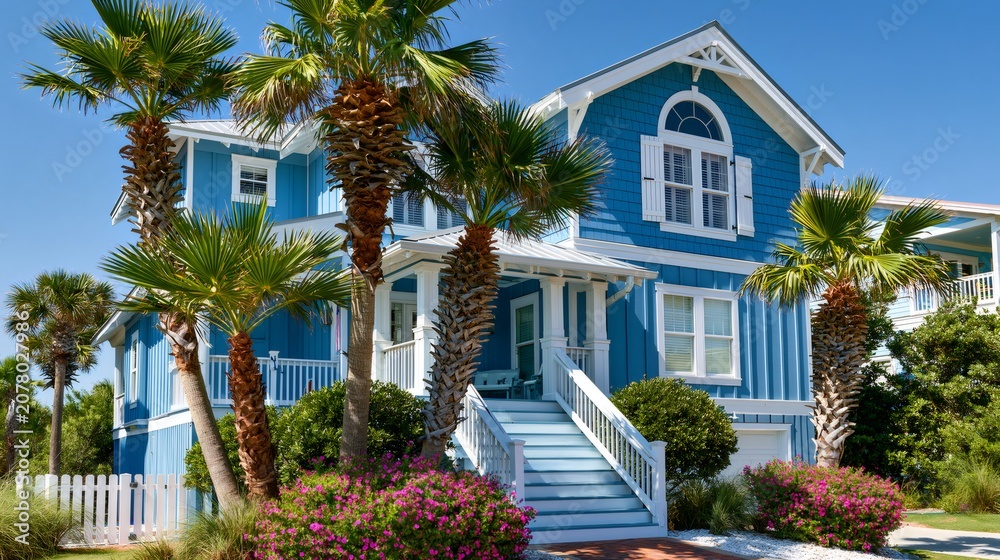 Fototapeta premium Blue beach cottage exterior blending with tropical palm trees
