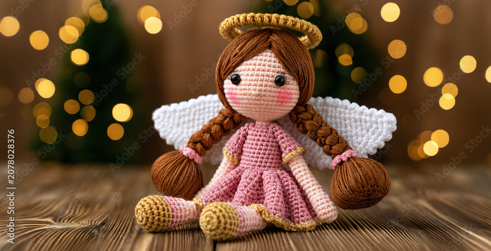Obraz premium Charming Handcrafted Crochet Angel Figurine Sits Serene on Rustic Wooden Surface with Festive Bokeh Lights in Background, Evoking Warmth and Holiday Cheer