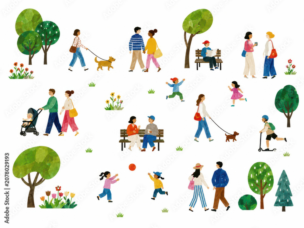 Fototapeta premium People Enjoying Park Activities With Trees Dogs and Outdoor Recreation