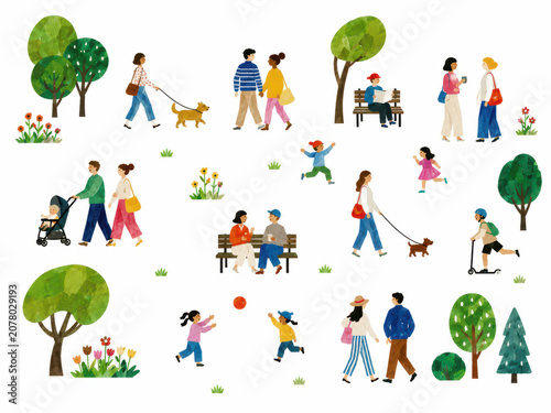 People Enjoying Park Activities With Trees Dogs and Outdoor Recreation