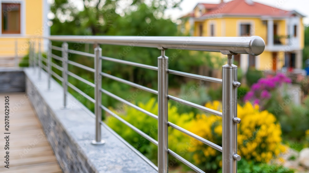 Fototapeta premium Modern stainless steel railing on house terrace
