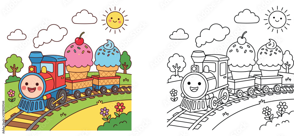 Naklejka premium Cute cartoon train carrying ice cream cones vector illustration, color and black and white outline coloring page for kids, education sheet template.