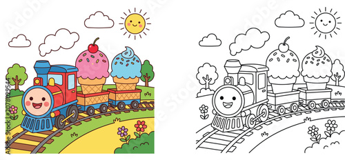Bild auf Leinwand Cute cartoon train carrying ice cream cones vector illustration, color and black and white outline coloring page for kids, education sheet template