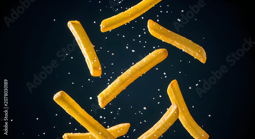 Savory french fries suspended in air with salt sprinkles