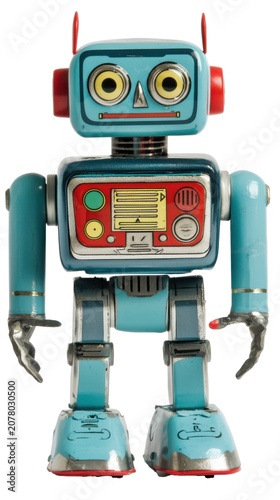 Retro mechanical robot toy with control panel  isolated on white transparent background