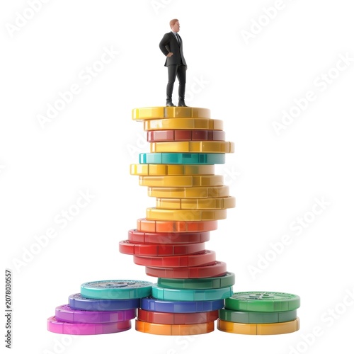 Businessman standing on top of stacked colorful coins isolated on white transparent background