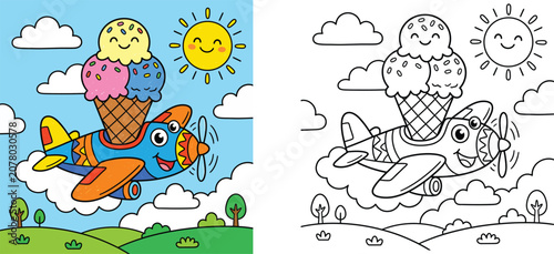 Cute Robot with Ice Cream Coloring Page and Color Example, Children Activity Sheet, Cartoon Vector Illustration of Robot Holding Ice Cream Cone
