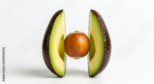Avocado cut in half with pit exposed on white background