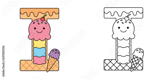 Εκτύπωση καμβά Alphabet letter I for ice cream coloring page and colorful vector illustration,