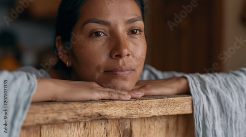 Peruvian woman in her thirties touching a weathered wooden kitchen table she brought from her hometown, eyes welling, diaspora object, immigrant comfort item, homesickness