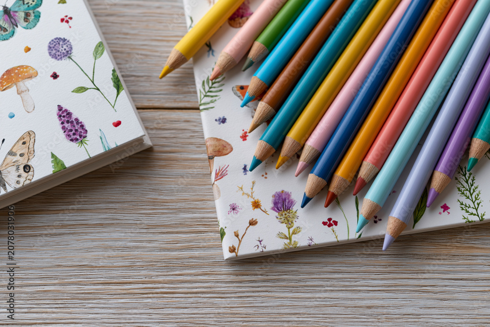 Obraz premium Colorful pencils rest on a floral notebook. Wooden surface adds a warm, rustic tone. Bright hues suggest creativity and joy. Ideal for art, education, or nature-themed projects