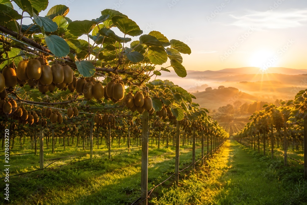 Fototapeta premium kiwi orchard during sunrise, peaceful agricultural landscape