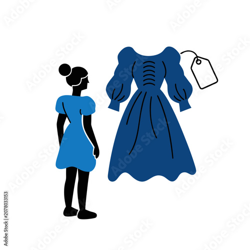 Woman looking at blue dress with price tag, dress shopping and fashion choice concept.