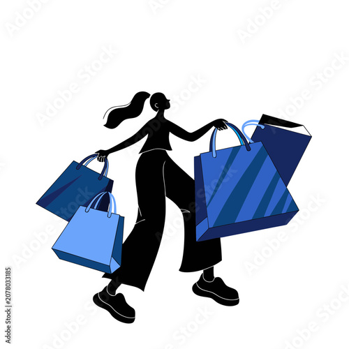 Happy young woman holding shopping bags walking isolated on transparent background flat vector illustration for retail marketing design.