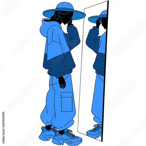 Young woman in casual oversized streetwear outfit checking reflection in mirror looking at herself flat vector illustration fashion design.