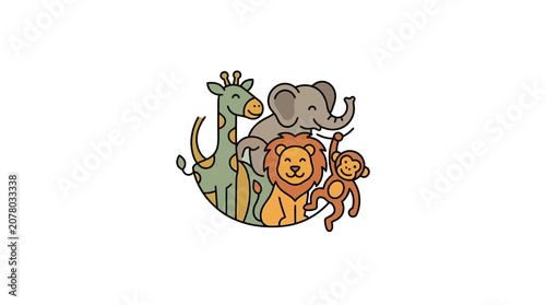 Photography Cute Cartoon Safari Animals Circle Graphic: Lion, Elephant, Giraffe, Monkey