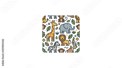 Photography Cute Cartoon Safari Animals Seamless Pattern: Giraffe, Elephant, Lion, Zebra, Mo