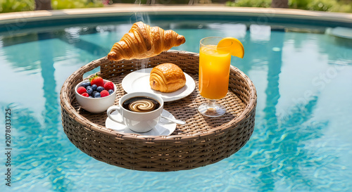 Floating breakfast tray with pastries coffee and orange juice by pool