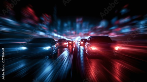 Dynamic motion blur captures cars speeding through a vibrant nocturnal cityscape, illuminated by streaks of red and blue light, conveying energy and rapid movement