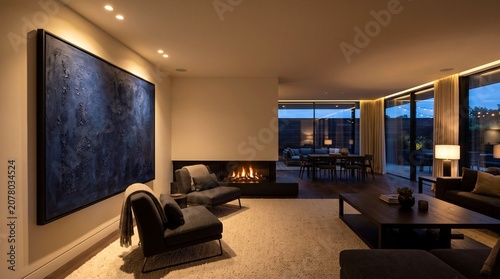 A modern luxurious living room with a fireplace, comfortable seating, and a large abstract painting at night.