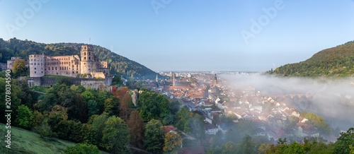 Morning panoramic view of Heidelberg with Castle and Low Fog, Germany