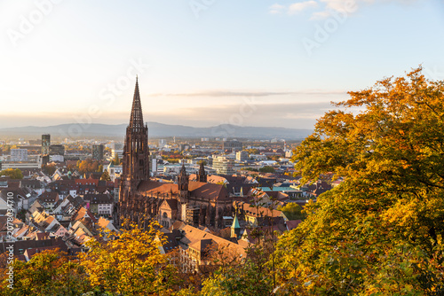Autumn panorama of Freiburg with Cathedral and Old Town, Germany