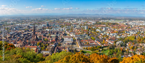 Wide aerial panorama of Freiburg in autumn