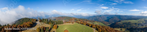 Aerial panorama of Schauinslandturm and surrounding mountains