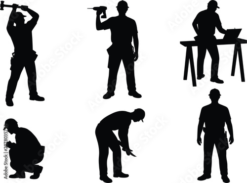 Construction worker silhouette vector set, builder handymen holding tools elements isolated graphic design illustration templates